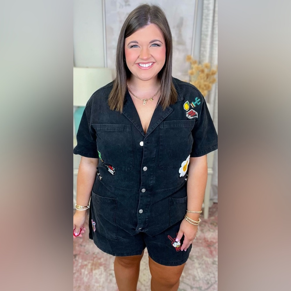 Jade by Jane Black Patch Button Up Romper Jumpsuit - NWT - Picture 7 of 11